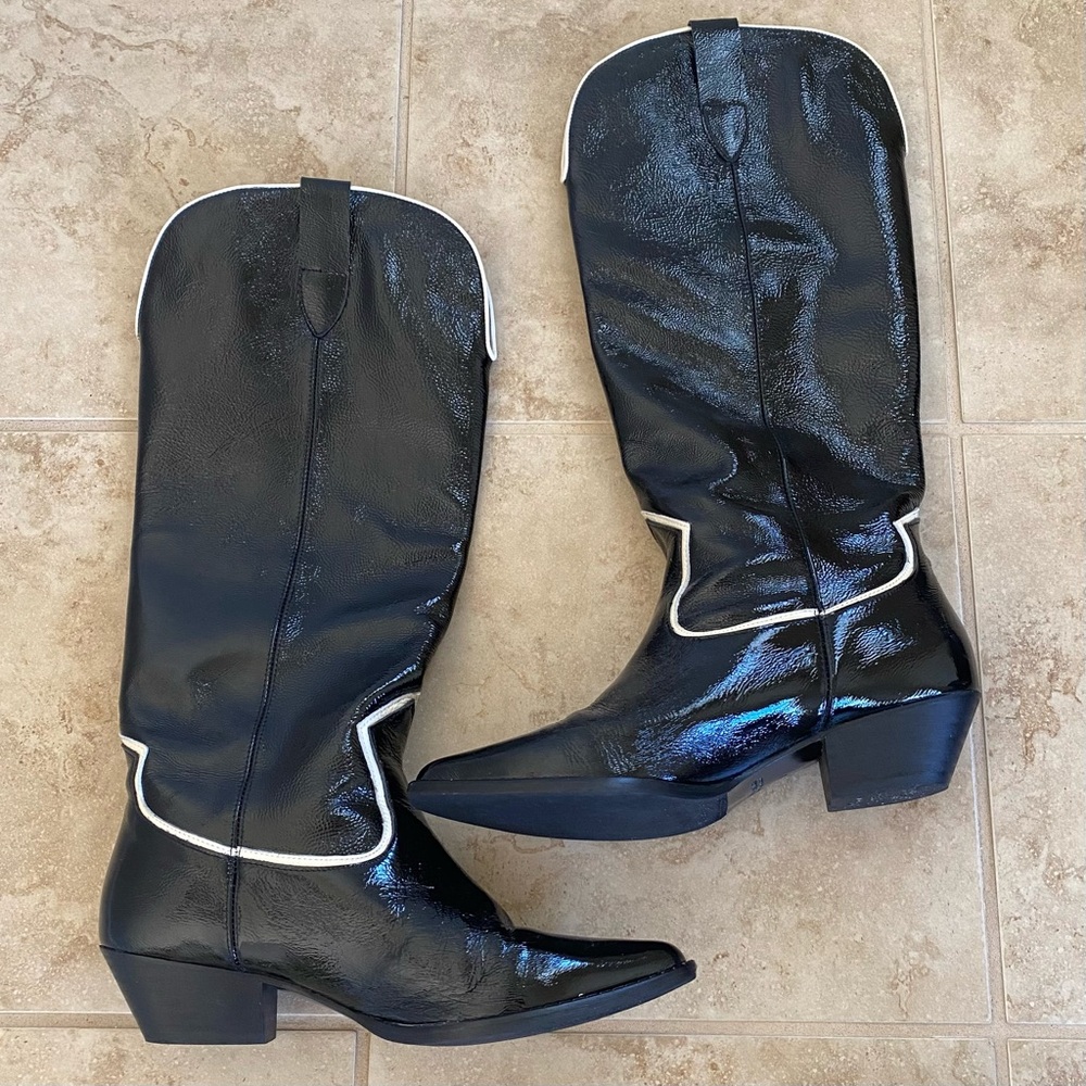 Freda Salvador Hope Knee High Western Boots in Black Crinkle Patent Leather